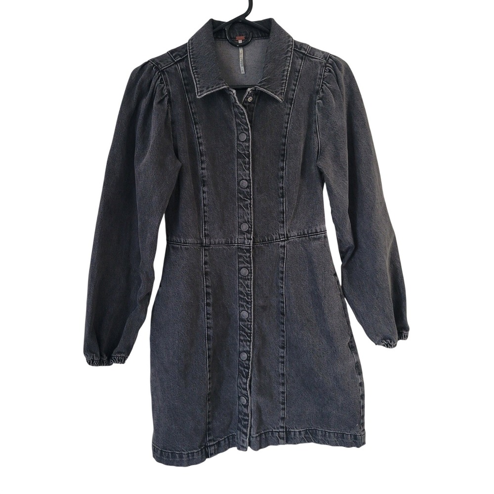 Free People Denim‎ Mini Dress XS Disstressed Black Long Sleeve Snap Front Grunge